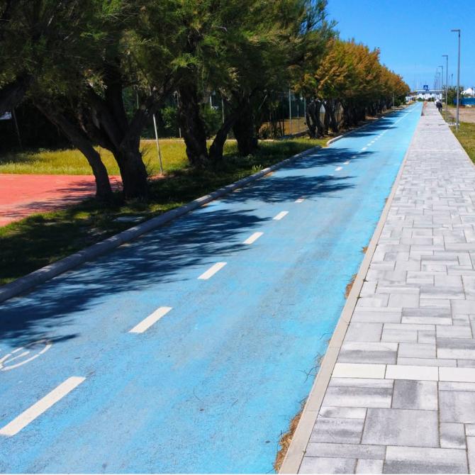Blaue Radweg neben einem Gehweg und Bäumen.
