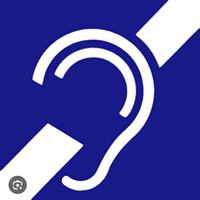 Simbolo blu di accessibilità per persone con disabilità uditive.